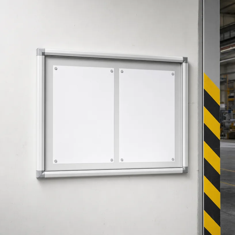 Vitrine d'affichage aluminium murale avec documents, angle de poteau balisé jaune et noir