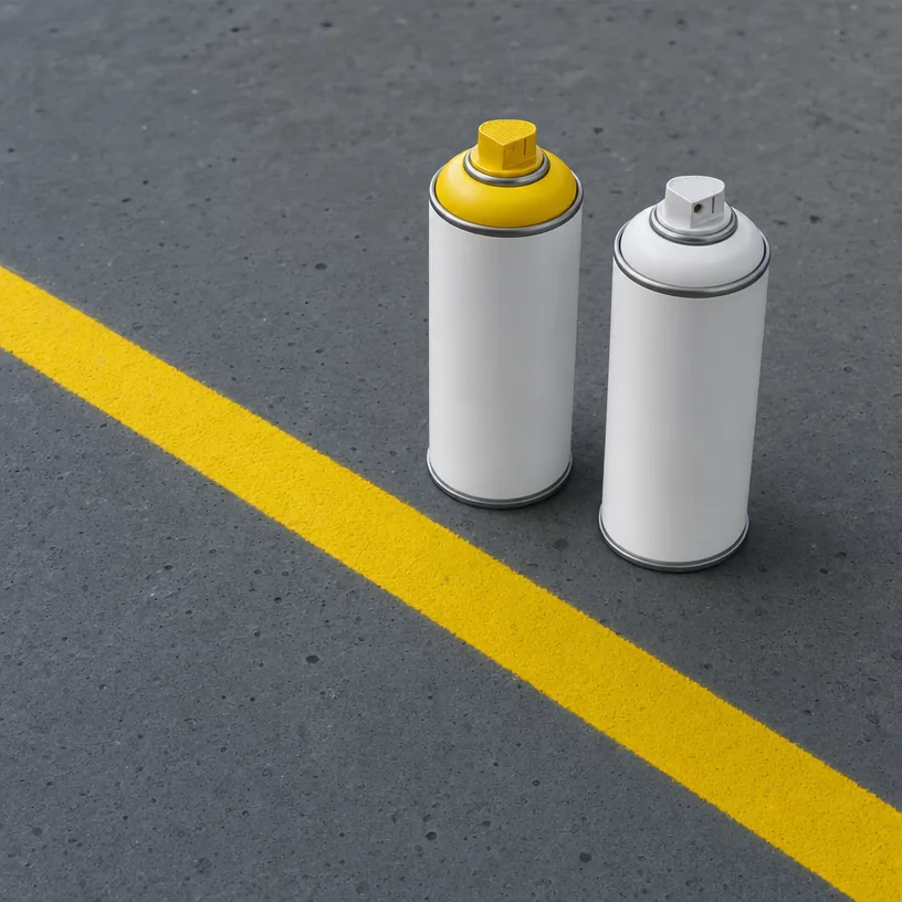 Bombes de peinture de traçage posées au sol près d'une ligne de marquage jaune fraîche