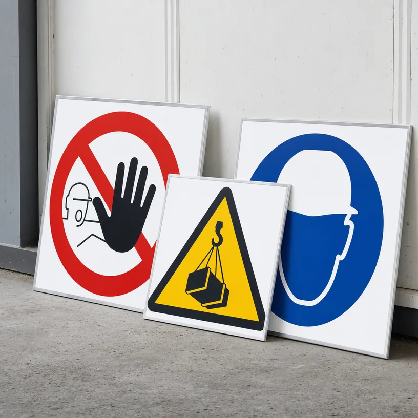 Panneaux de sécurité rigides : interdiction, danger charges suspendues, obligation casque, posés contre un mur d'atelier